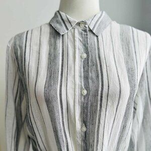 DKNY Black & White Striped Linen-Cotton Midi Shirt Dress with Pockets – US M